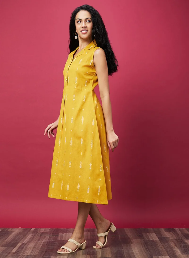 globus Globus Women Yellow Ethnic Motifs Printed Cuban Collar A-Line Ethnic Dress